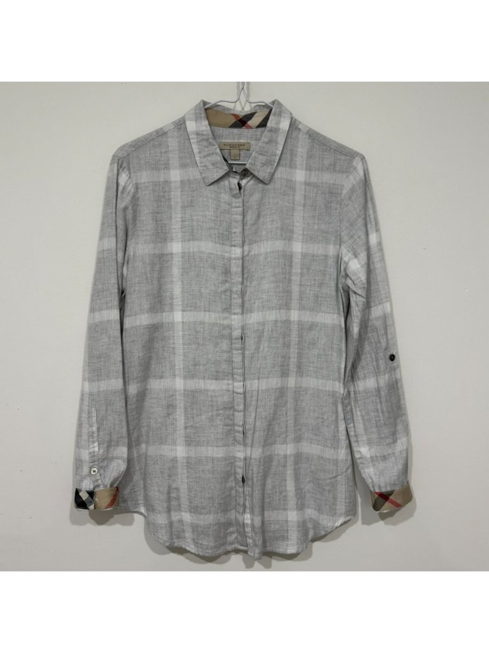 Burberry Brit Women's Long Sleeve Roll Up Sleeve Nova Check Cuff Collar Blouse L